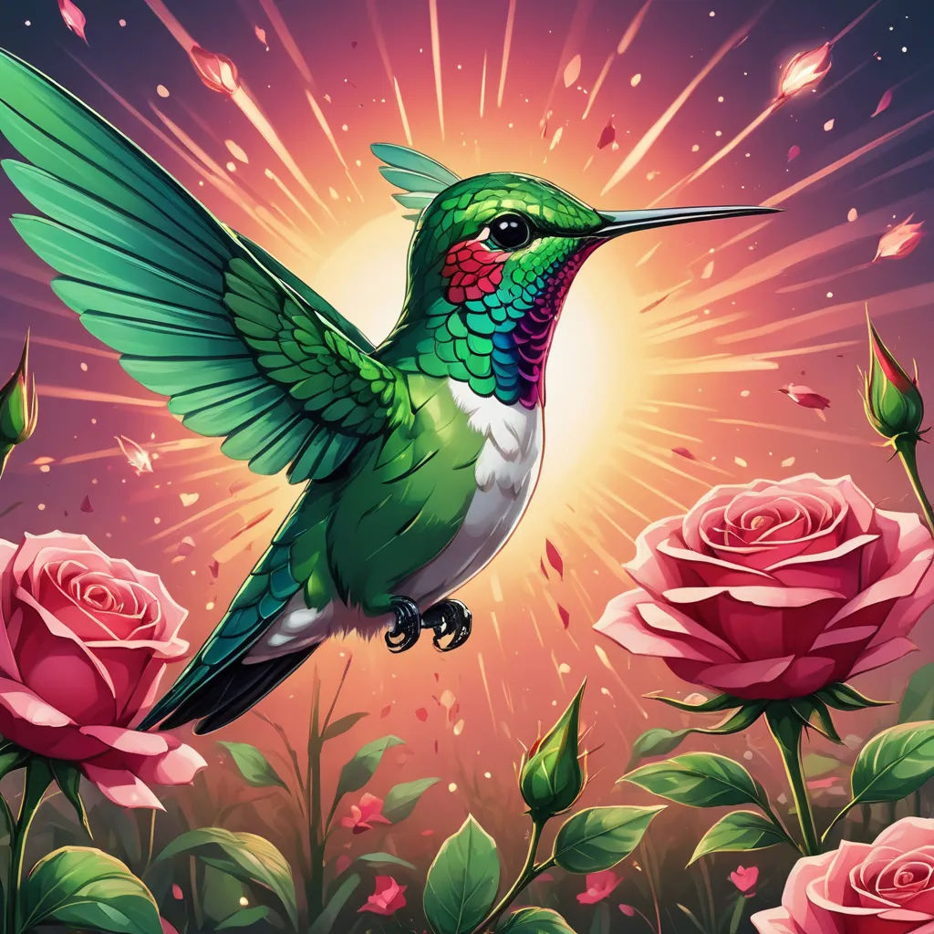 a hummingbird flying over a field of pink roses with a star burst in the background of the picture, fantasy art, a digital painting, Dan Mumford, highly detailed digital painting