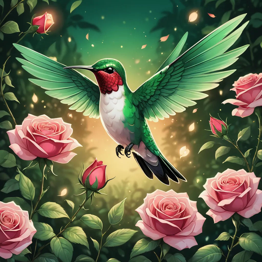 a hummingbird flying over a bunch of pink roses with a green background and a green sky with stars, fantasy art, a digital painting, Dan Mumford, rossdraws global illumination