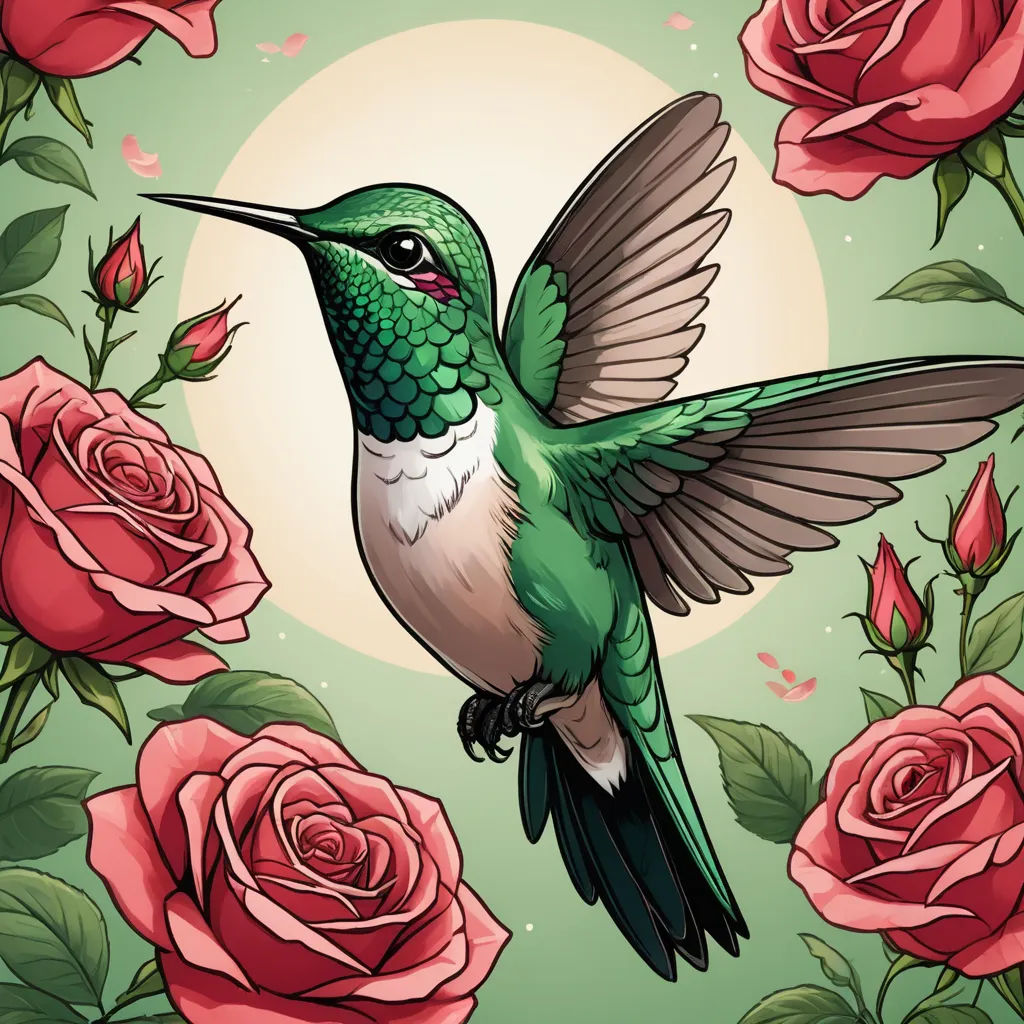 a hummingbird flying over a bunch of roses with a full moon in the background of the picture and the sun in the sky, rococo, an illustration of, Clara Miller Burd, high detail illustration