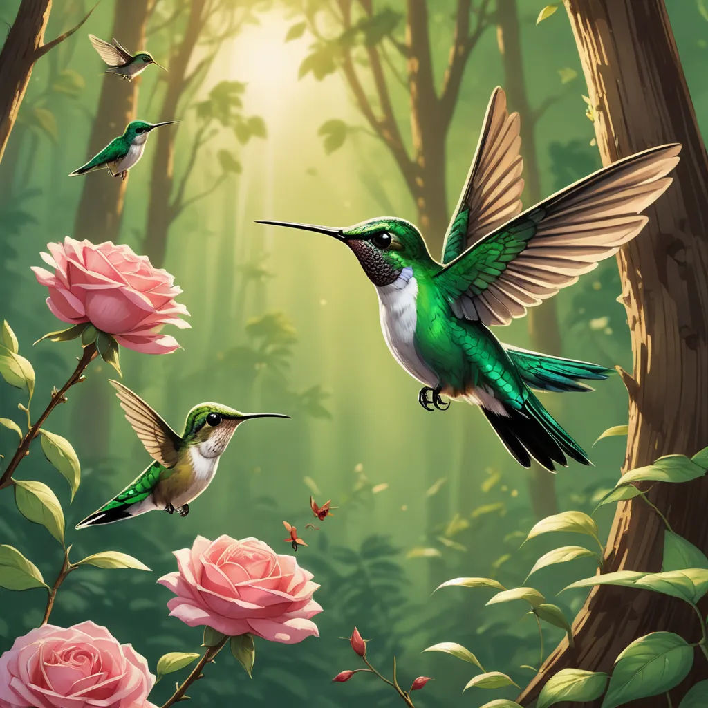 a painting of a hummingbird and a hummingbird in flight over a forest with pink roses and roses, fantasy art, a digital painting, Chris LaBrooy, highly detailed digital painting