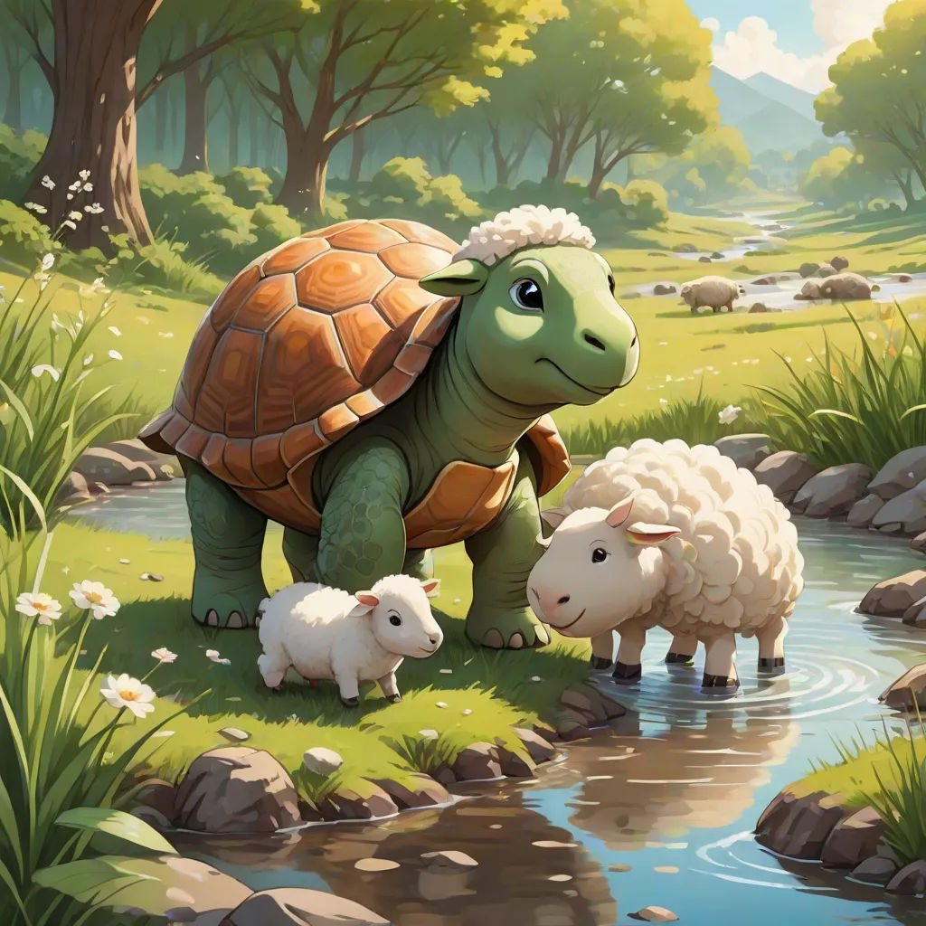 a turtle and two lambs are standing in the grass by a stream of water and trees, and a mountain in the background, american scene painting, a storybook illustration, Chris LaBrooy, storybook illustration