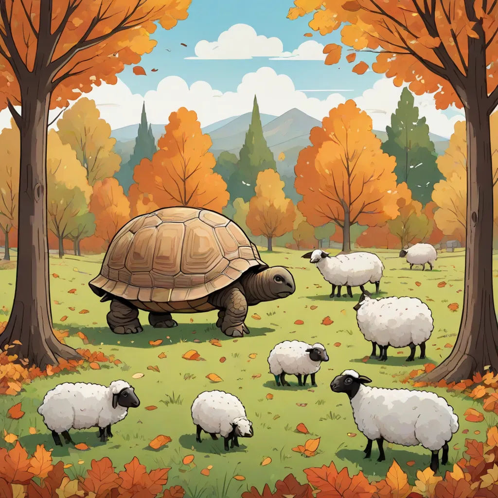 a turtle and some sheep in a field with trees and leaves in the background and a mountain in the background, context art, a storybook illustration, Chris LaBrooy, storybook illustration