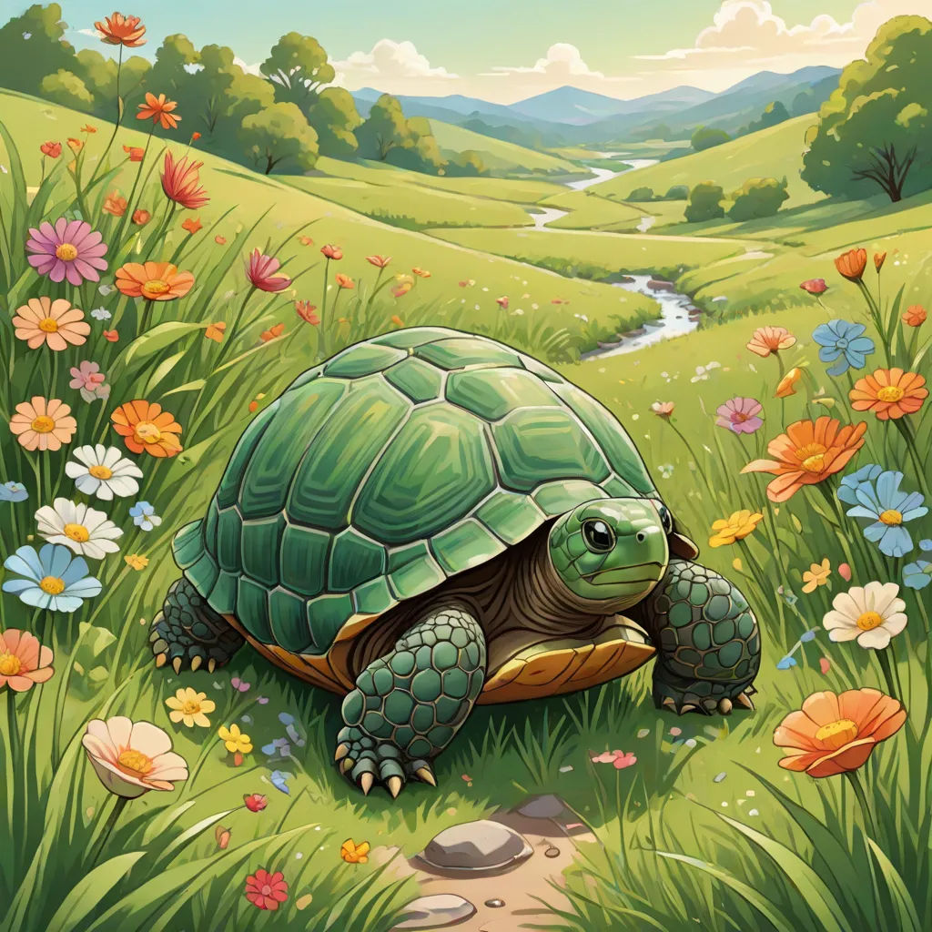 a turtle is walking through a field of flowers and grass with a stream running through it's center, environmental art, a storybook illustration, Chris LaBrooy, storybook illustration