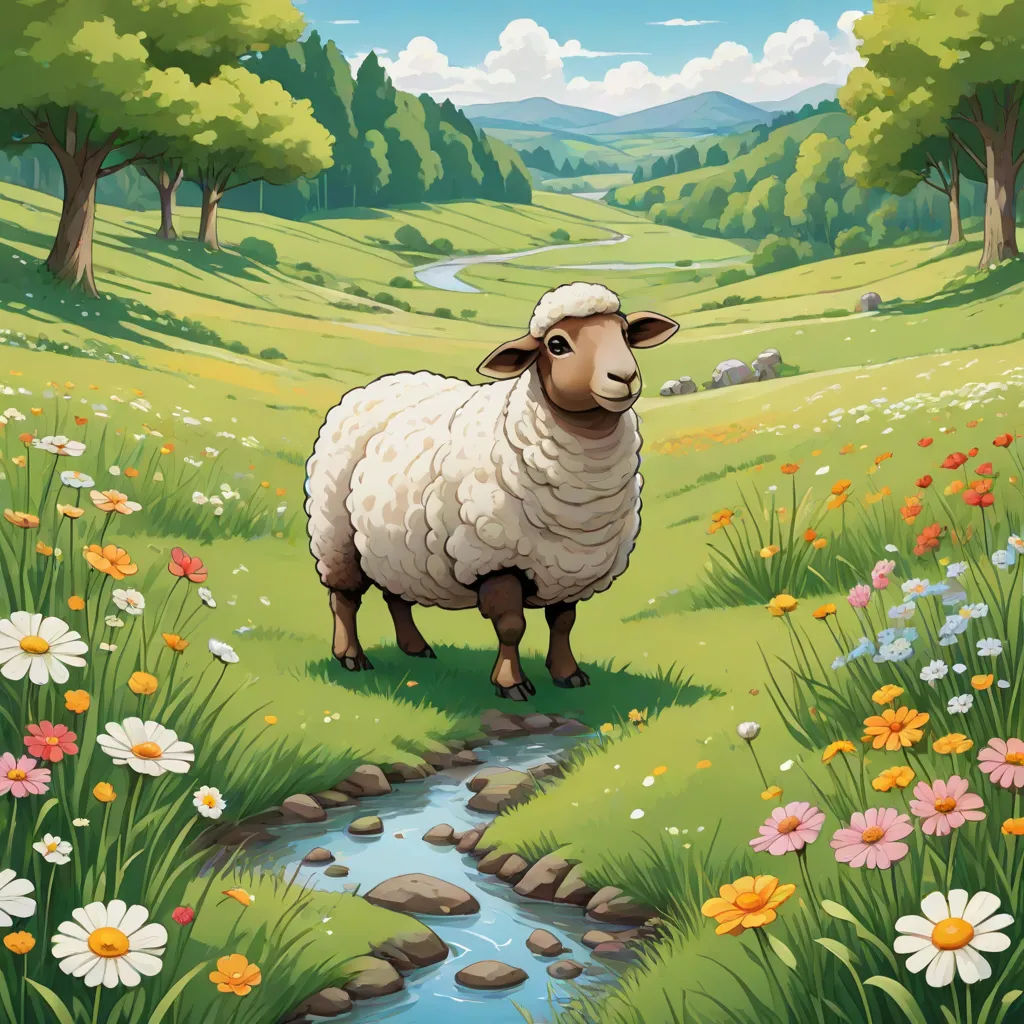 a sheep standing in a field with flowers and a stream running through it's grass area, with a stream running through the grass area, environmental art, a storybook illustration, Chris LaBrooy, promotional image