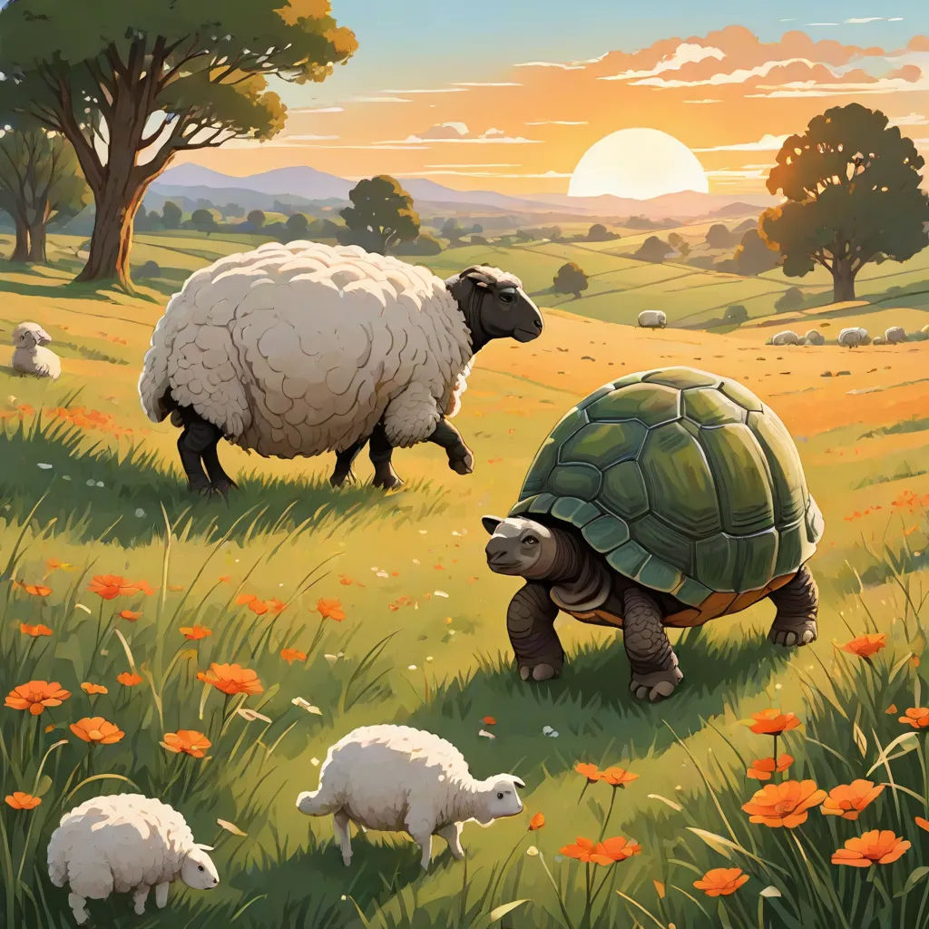 a painting of a sheep and a turtle in a field of flowers and grass with a sunset in the background, american scene painting, a storybook illustration, Chris LaBrooy, official art
