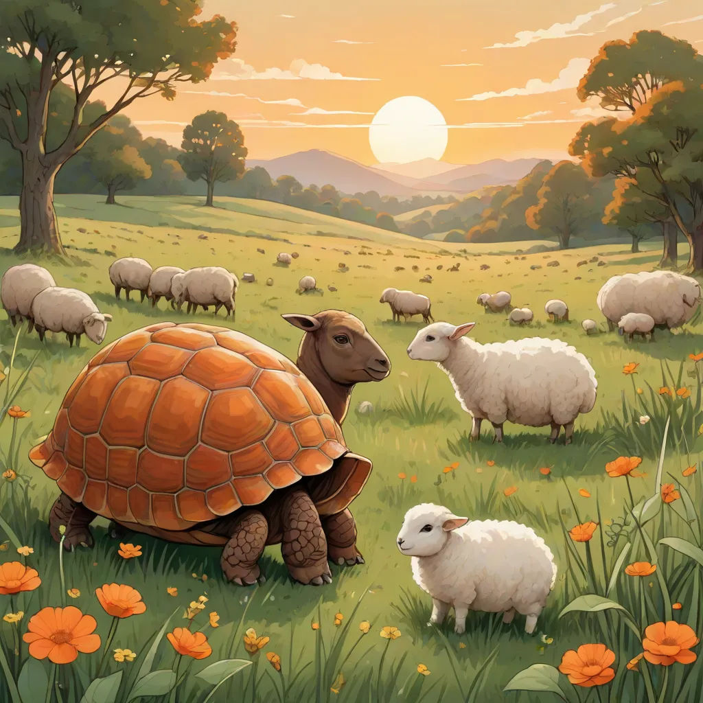 a painting of a turtle and a sheep in a field of flowers and grass with a sunset in the background, fantastic realism, a storybook illustration, Chris LaBrooy, storybook illustration