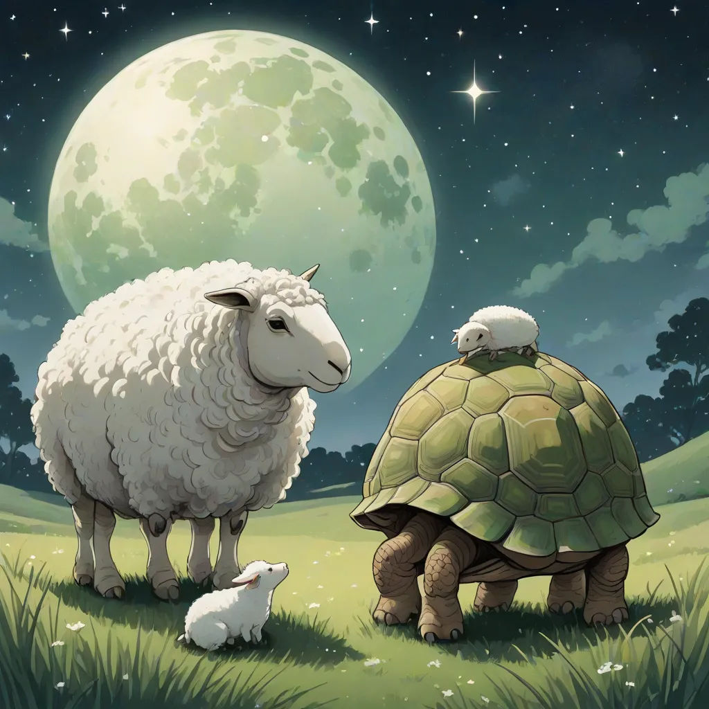a sheep and a turtle are standing in the grass near a full moon sky and stars above them,, massurrealism, a storybook illustration, Chris LaBrooy, storybook illustration