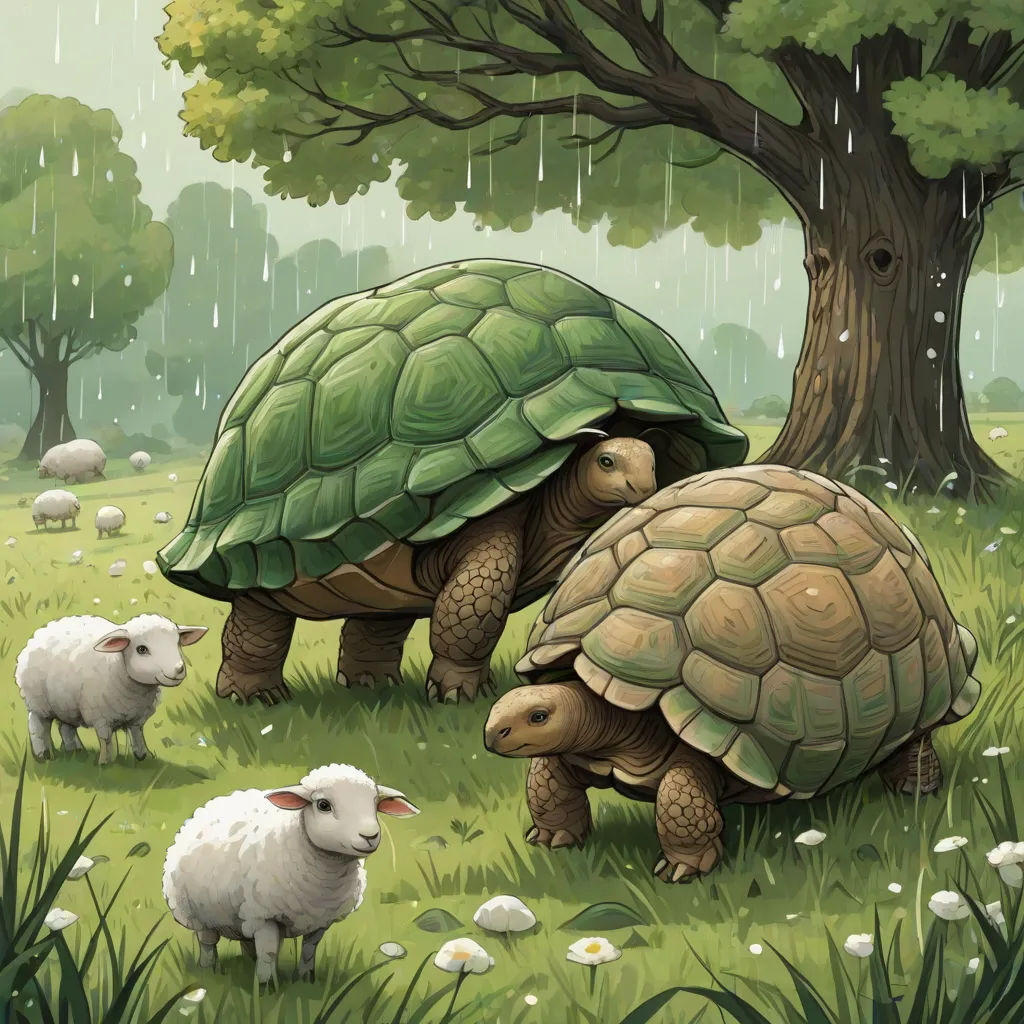 a painting of a turtle and a turtle with sheep in the background in the grass and trees, with rain falling down, naturalism, a storybook illustration, Chris LaBrooy, storybook illustration
