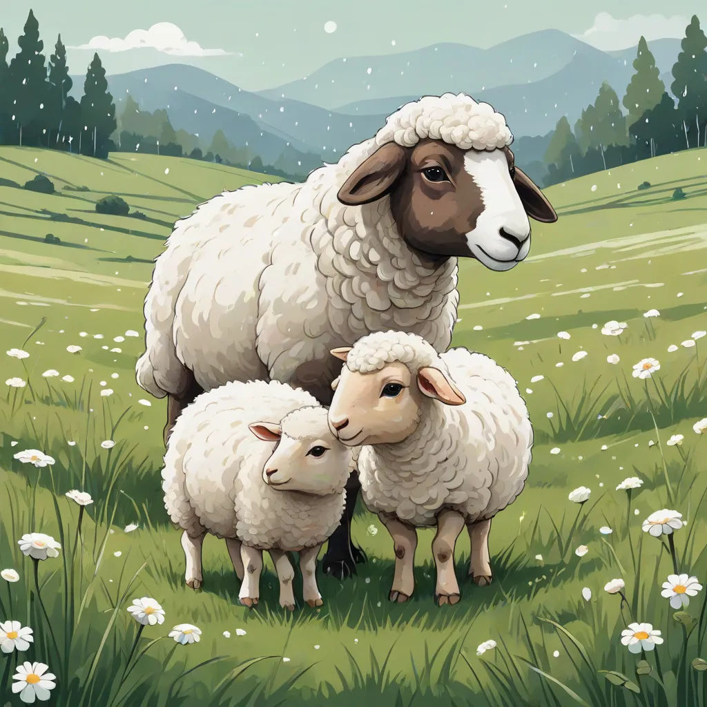 a painting of two sheep standing in a field of grass and daisies with mountains in the background and snow falling on the grass, serial art, a storybook illustration, Chris LaBrooy, storybook illustration