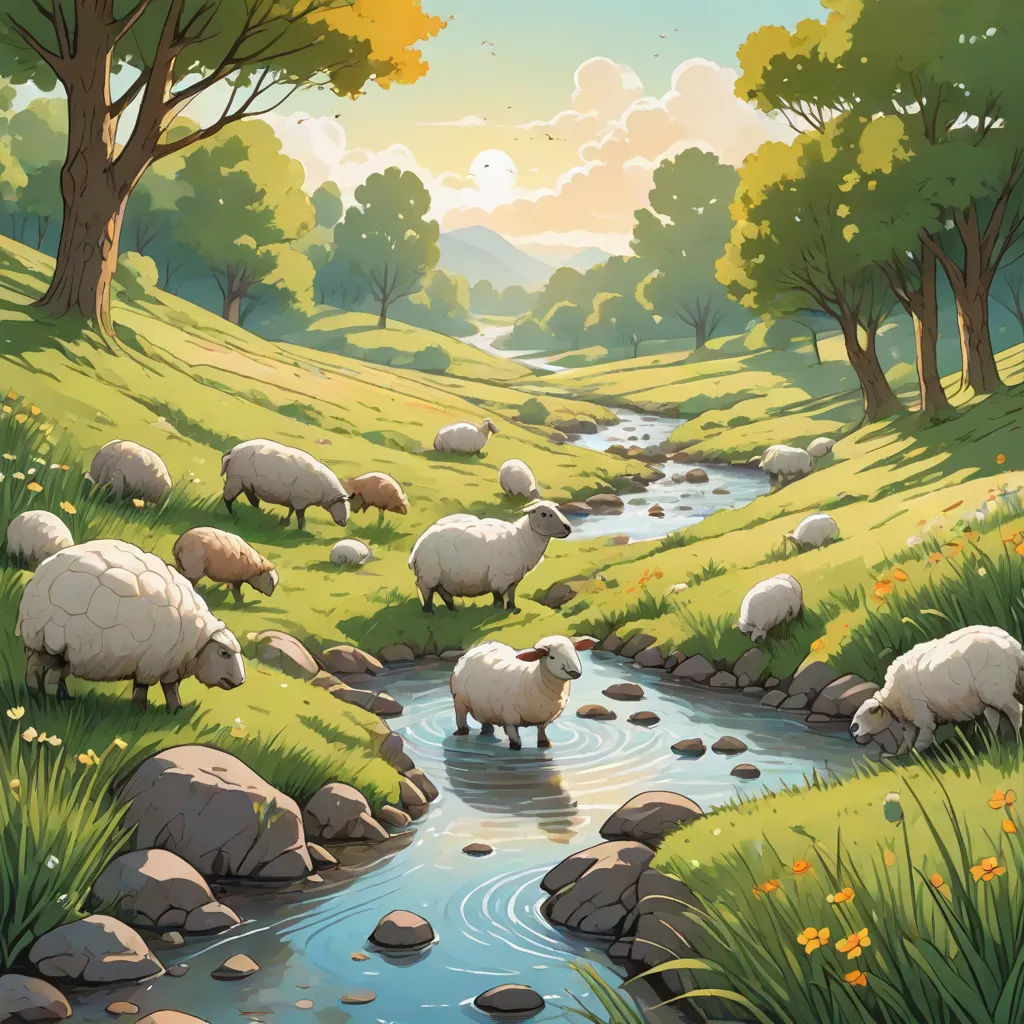 a painting of sheep grazing in a field by a stream of water with trees and flowers on the side, environmental art, a storybook illustration, Chris LaBrooy, storybook illustration
