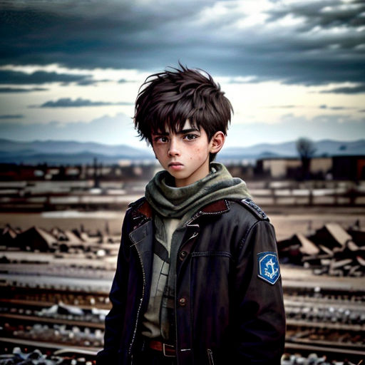 a boy standing in front of a train track with a sky background and clouds in the background, wearing a black jacket and scarf