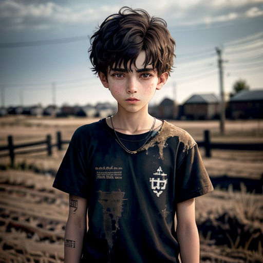 a boy with a tattoo on his arm standing in a field with a fence and a building in the background