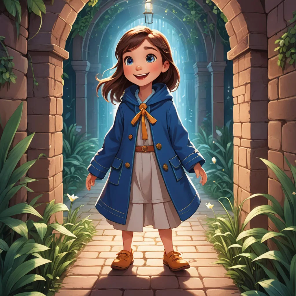 a cartoon girl in a blue coat standing in a tunnel with a light at the end of the tunnel, fantasy art, a storybook illustration, Anne Said, official art