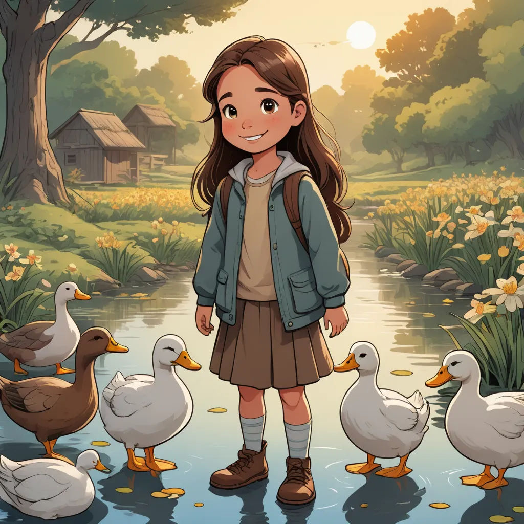 a girl standing in front of ducks and ducks in a pond with a house in the background and a pond with ducks, environmental art, a character portrait, Anne Said, promotional image