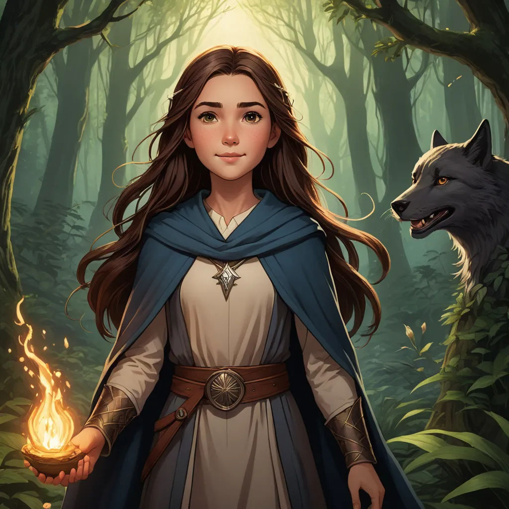 a girl in a white dress holding a fire in her hand and a wolf in the background with a forest, fantasy art, a storybook illustration, Anato Finnstark, official art