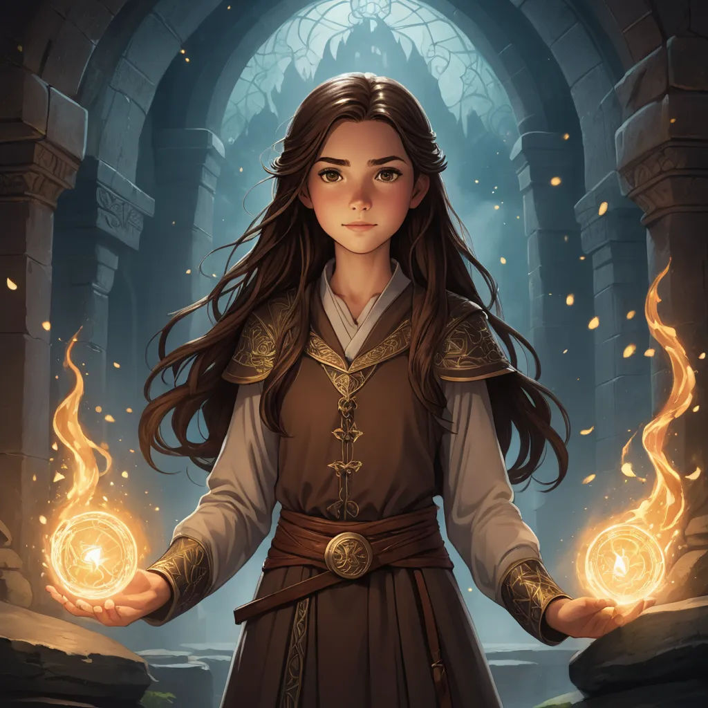 a woman in a brown dress holding two glowing orbs in her hands and a doorway in the background, fantasy art, a character portrait, Clint Cearley, epic fantasy character art