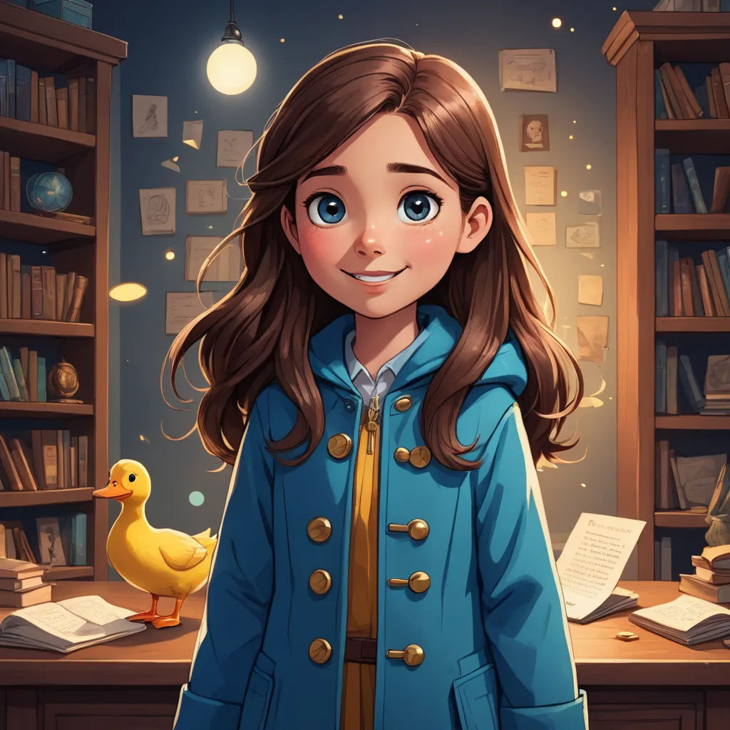 a girl in a blue coat standing in front of a desk with a duck on it and bookshelves, fantasy art, a character portrait, Clarice Beckett, character portrait