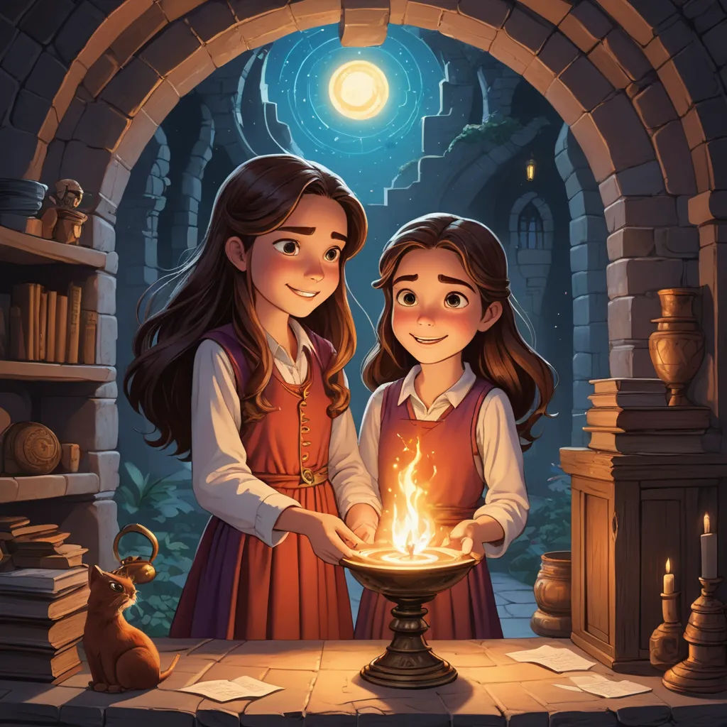 two girls in red dresses holding a lit candle in a room with a stone archway and a stone wall, fantasy art, a storybook illustration, Diego Gisbert Llorens, storybook illustration