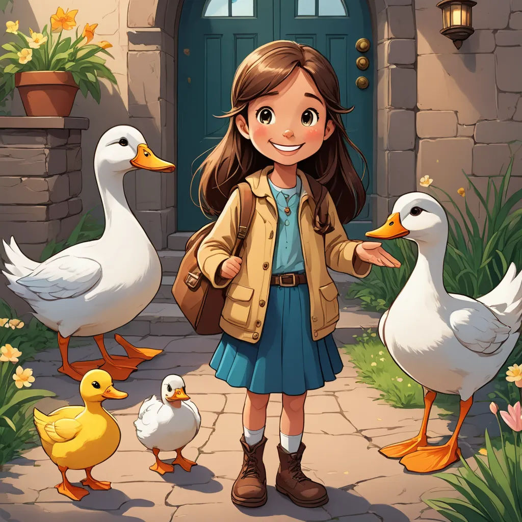 a girl standing in front of ducks and ducks in front of a house with a door and a light, lyco art, a character portrait, Anne Said, key art