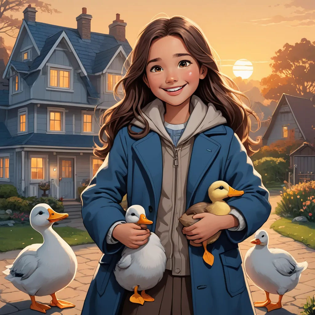 a girl holding two ducks in front of a house with ducks in front of her and a duck in her hands, american scene painting, a character portrait, Elizabeth Forbes, kinkade