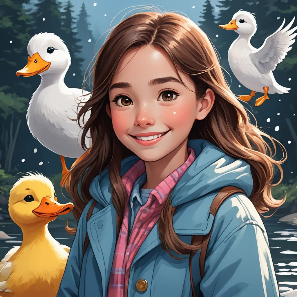 a girl with a duck and ducks in the background, and a forest scene in the background, with a snow scene, sots art, a character portrait, Constance Gordon-Cumming, character portrait