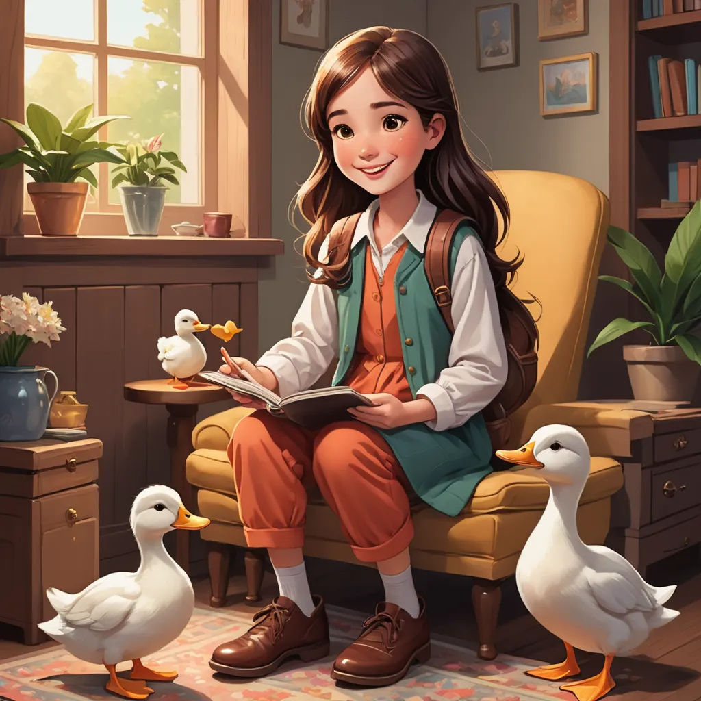 a girl sitting on a chair reading a book with ducks nearby in a room with a window and a potted plant, american scene painting, a storybook illustration, Clarice Beckett, storybook illustration
