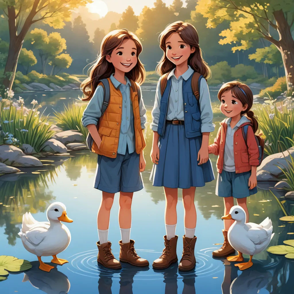 a painting of two girls and a boy standing in a pond with ducks and ducks nearby, with a pond and trees in the background, serial art, a storybook illustration, Diego Gisbert Llorens, official art