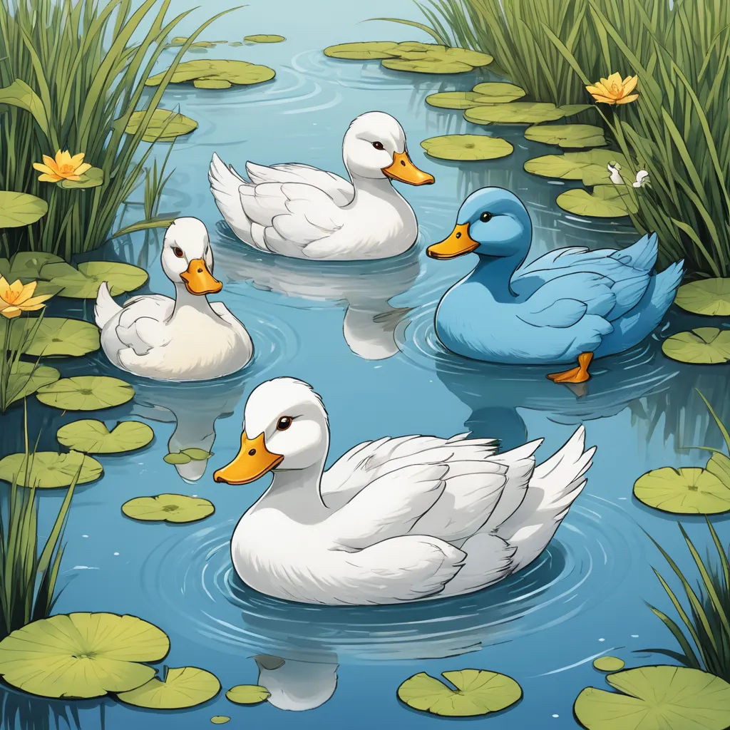 a group of ducks floating on top of a lake next to lily pads and water lilies on a pond, ecological art, a storybook illustration, Anne Said, storybook illustration