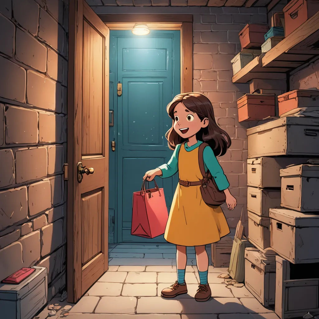 a girl holding a bag in a room with a brick wall and a blue door with a light on, lyco art, a storybook illustration, Clarice Beckett, promotional image