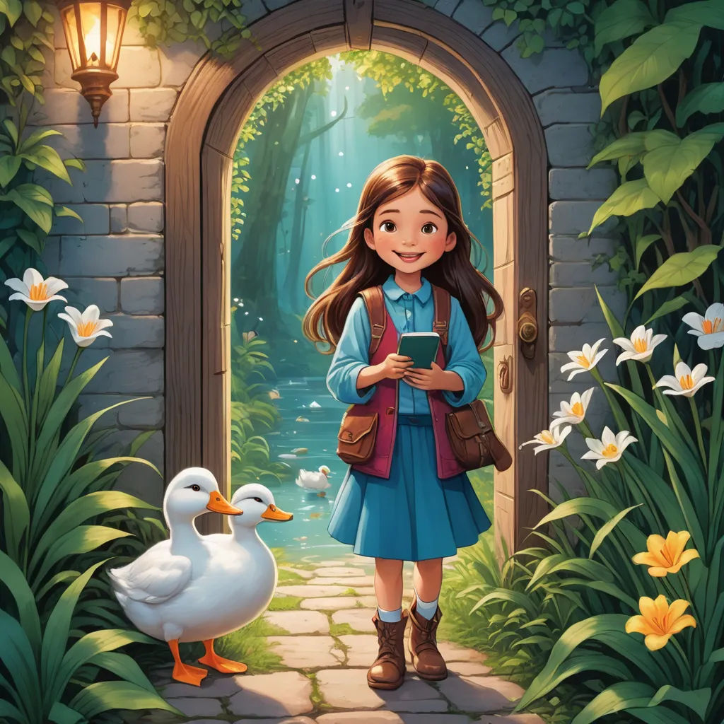 a girl standing in front of a door with a duck nearby and a light on the door way to the door, fantasy art, a storybook illustration, Anne Said, storybook illustration