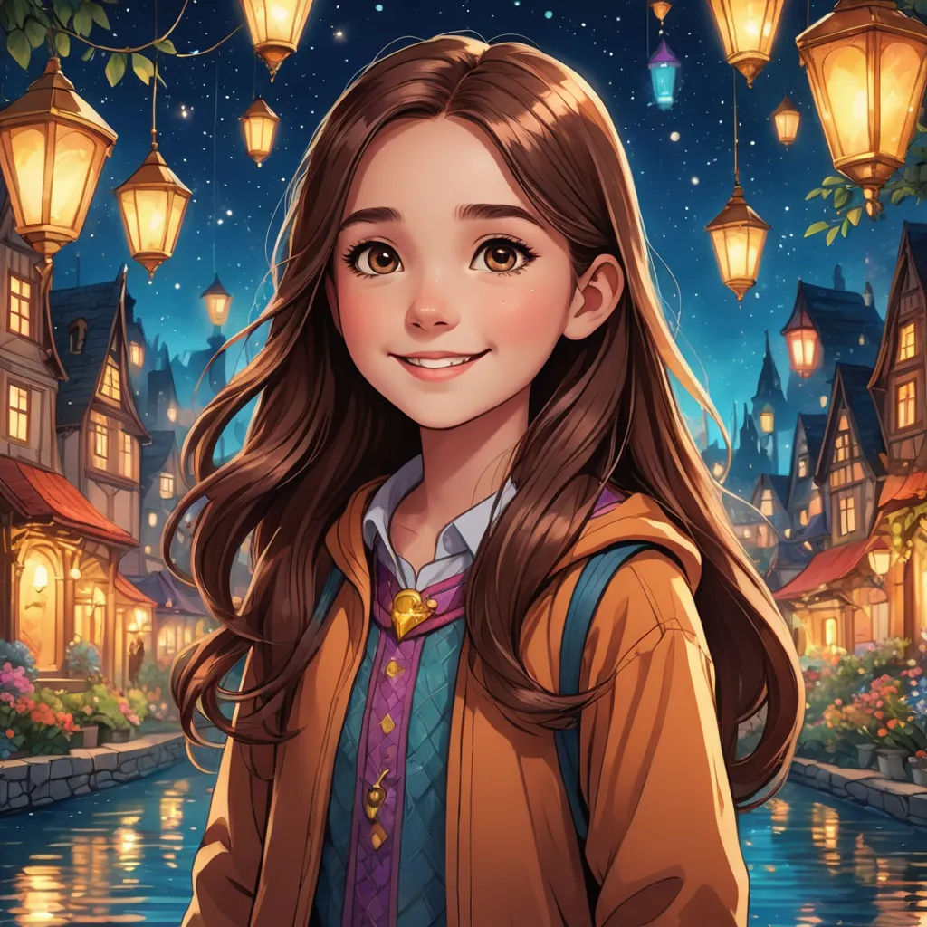 a girl in a brown jacket standing in front of a river and lanterns at night with a lantern light on, fantasy art, a character portrait, Artgerm, kinkade