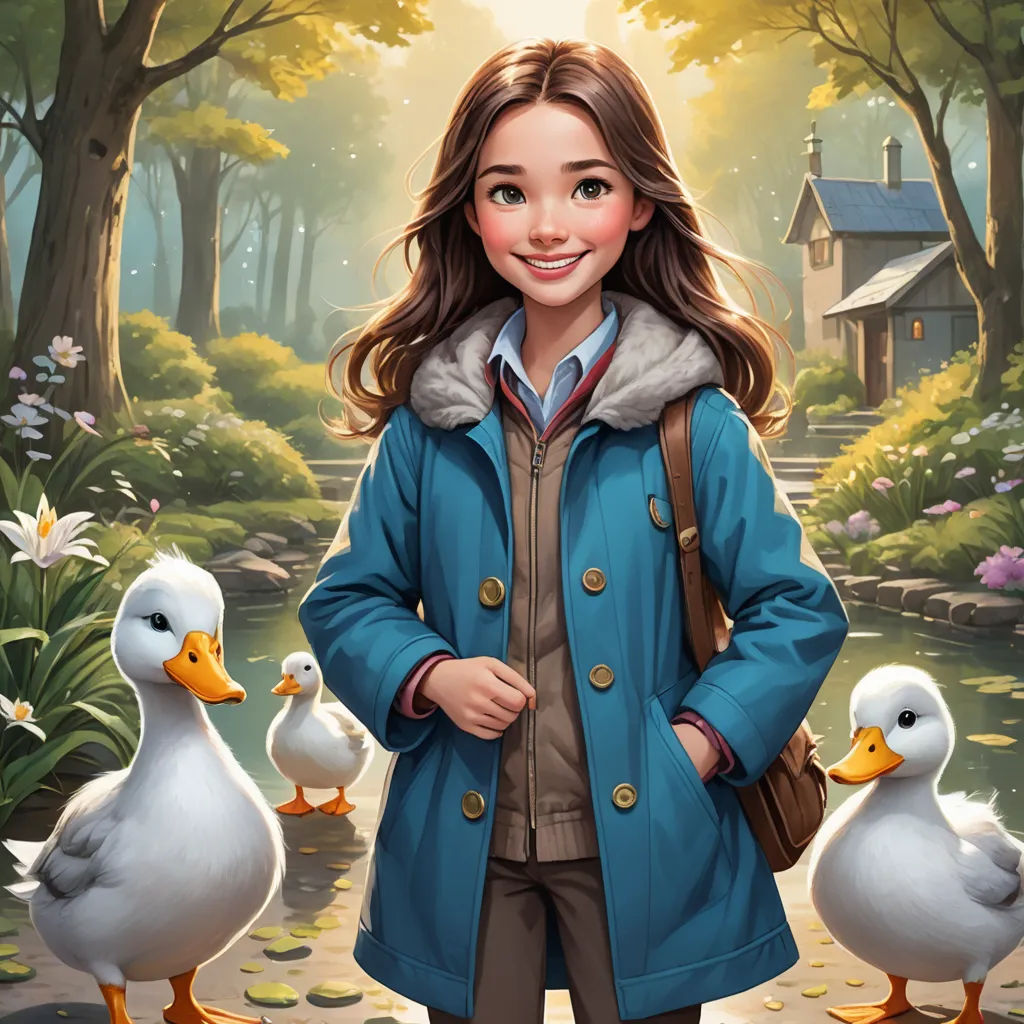 a girl standing in front of ducks in a forest with a house in the background and a path leading to the woods, american scene painting, a character portrait, Constance Gordon-Cumming, kinkade