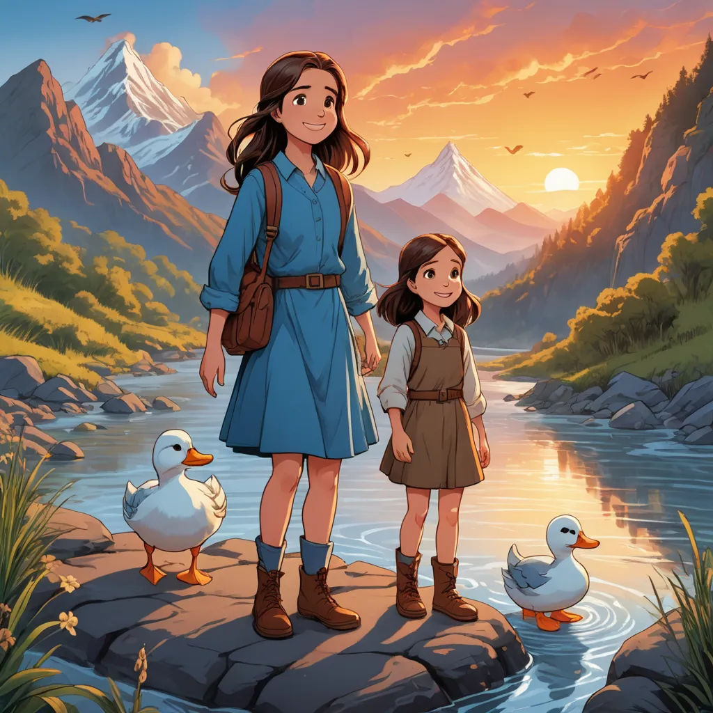 a woman and a girl standing on a rock near a river with ducks in the water and mountains in the background, serial art, a storybook illustration, Dan Mumford, official art