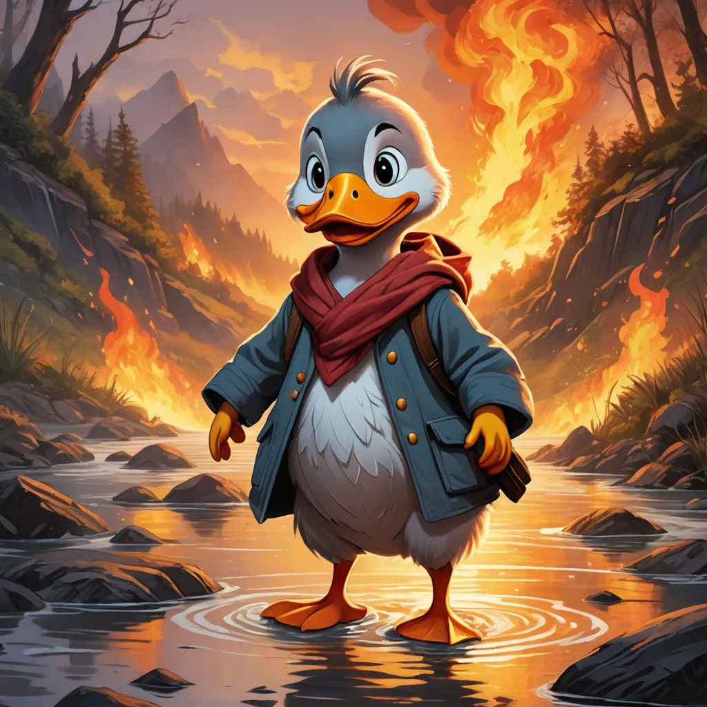 a cartoon duck wearing a coat and scarf standing in a river with a fire in the background and a forest on fire, altermodern, a character portrait, Dan Mumford, dan mumford. octane render