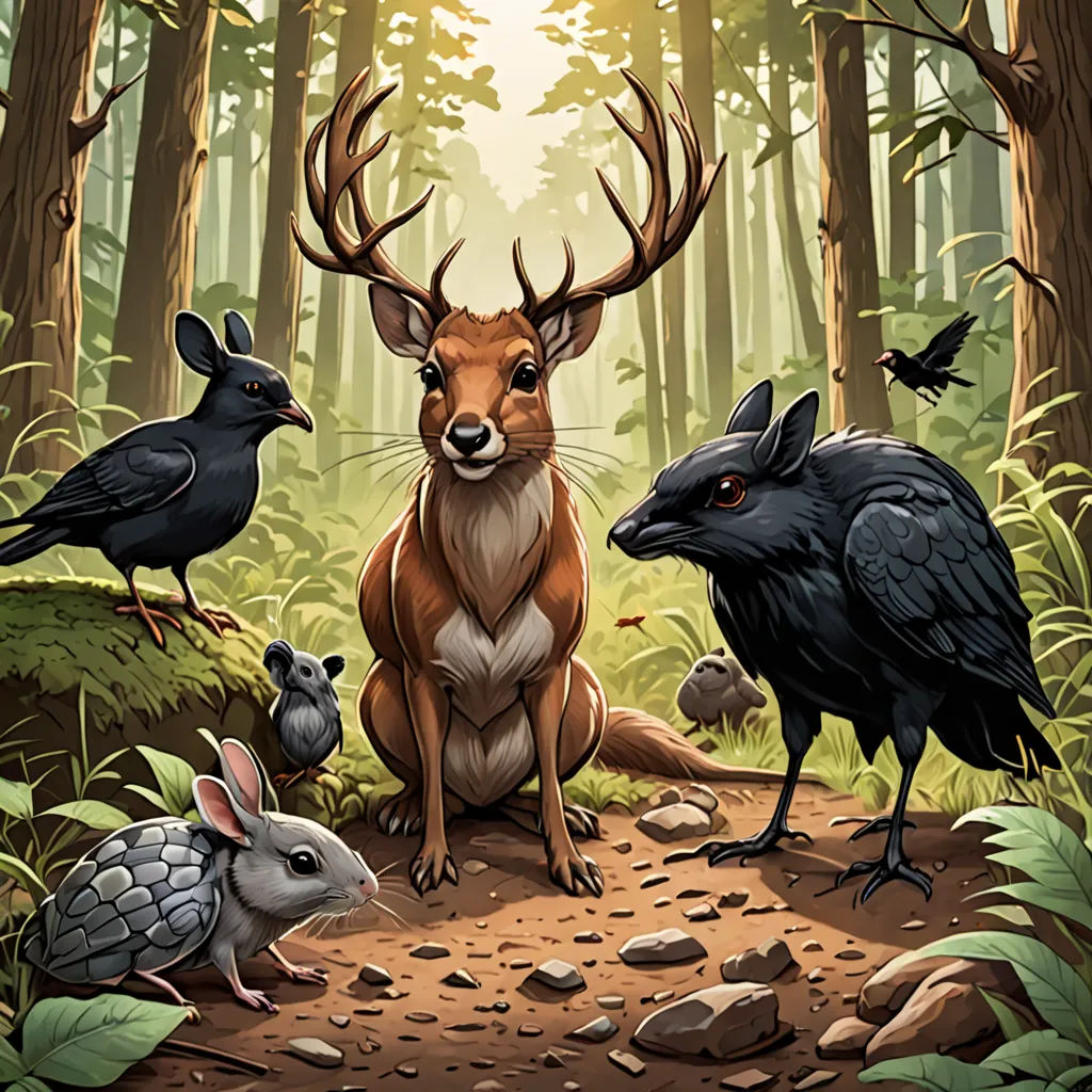 a painting of a deer and two birds in a forest with a forest background and a forest scene with birds, Dan Mumford, fantasy art, a storybook illustration, leesha hannigan