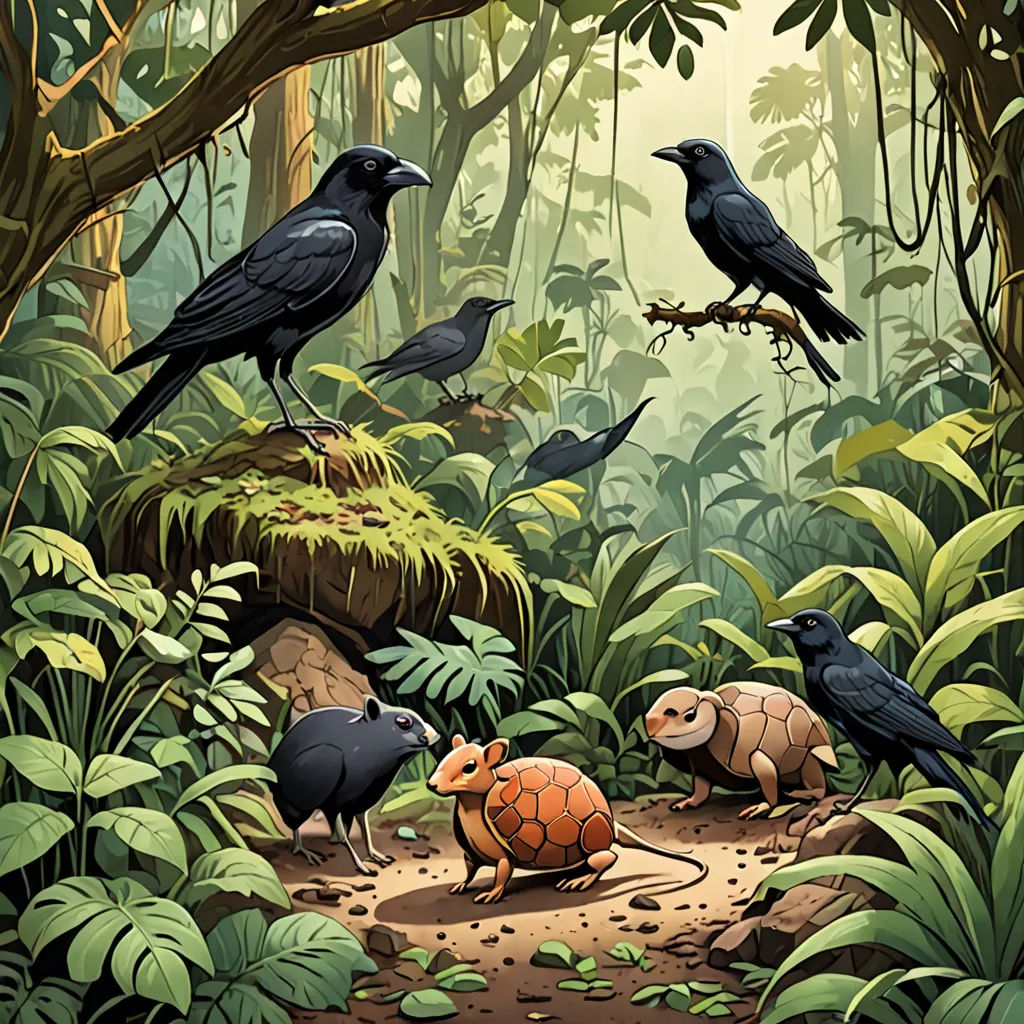 a group of birds and other animals in a jungle setting with a turtle and a tortoise on a dirt path, Chris LaBrooy, primitivism, a storybook illustration, storybook illustration