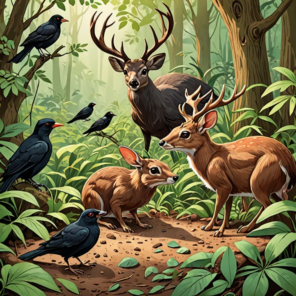 a painting of a forest with deer, birds, and birds on it's sides and a bird on the ground, Dan Mumford, naturalism, a storybook illustration, storybook illustration