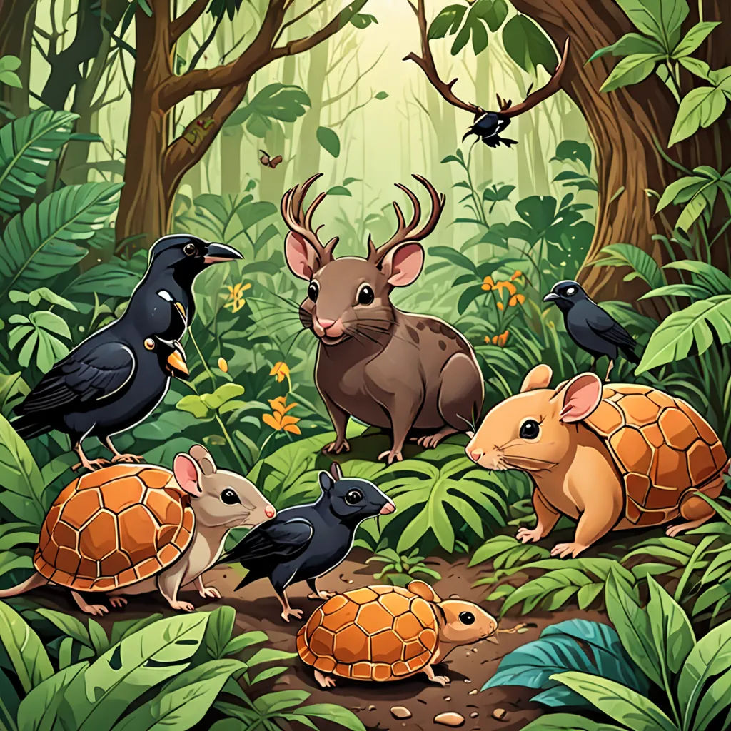 a group of animals that are in the woods together on a path in the woods with a turtle and a tortoise, Chris LaBrooy, fantasy art, a storybook illustration, storybook illustration