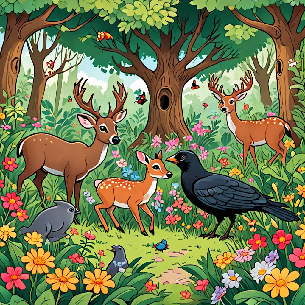 a painting of a forest with deer, birds and flowers in it and a bird on the ground in front of the trees, Chris LaBrooy, naive art, a storybook illustration, storybook illustration