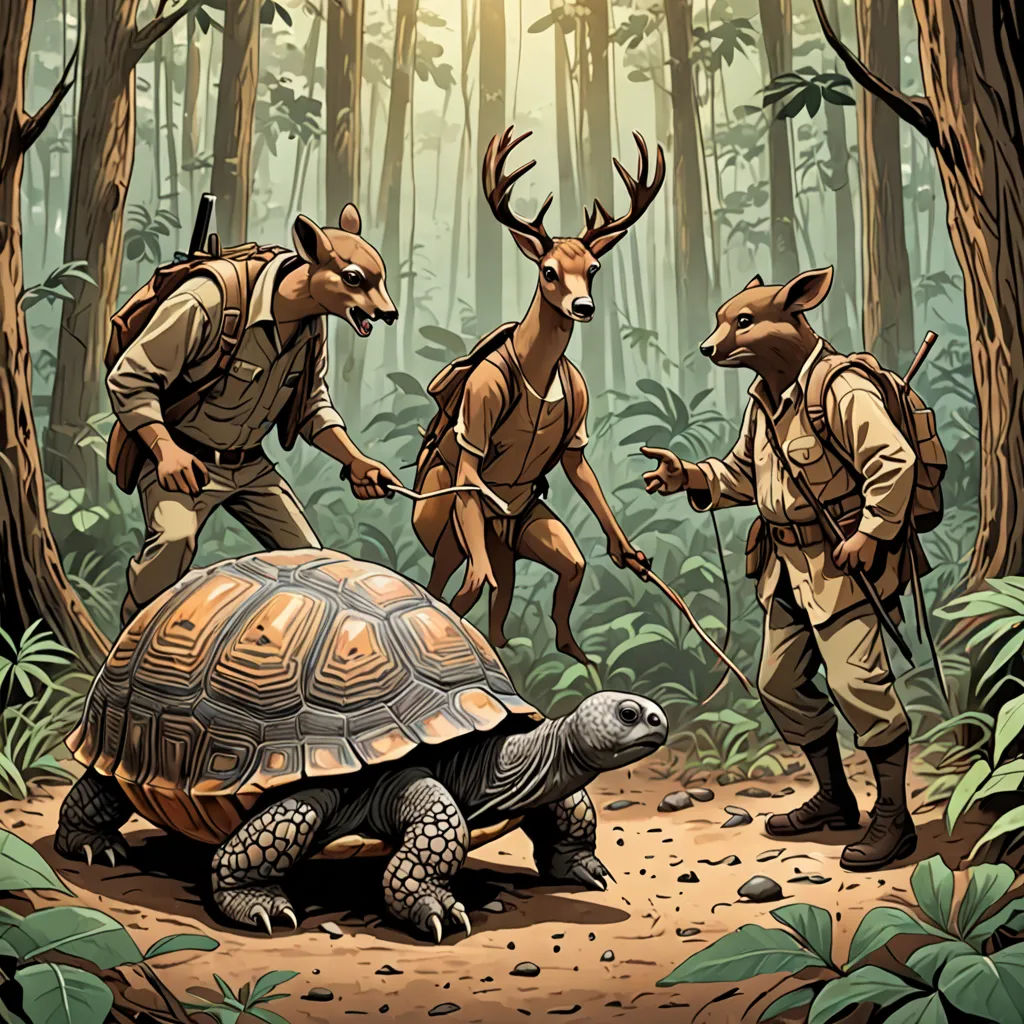 a couple of animals that are standing in the dirt near a turtle and a man with a gun and a deer, Chris LaBrooy, fantastic realism, a storybook illustration, walton ford