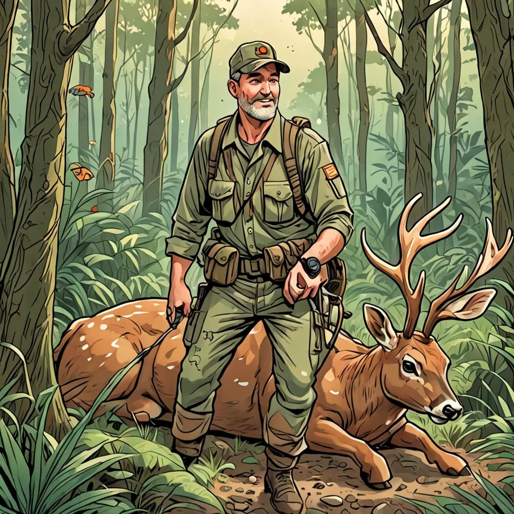 a man in a military uniform standing next to a deer in a forest with butterflies on its back and a forest background, Diego Gisbert Llorens, furry art, a character portrait, comic cover art
