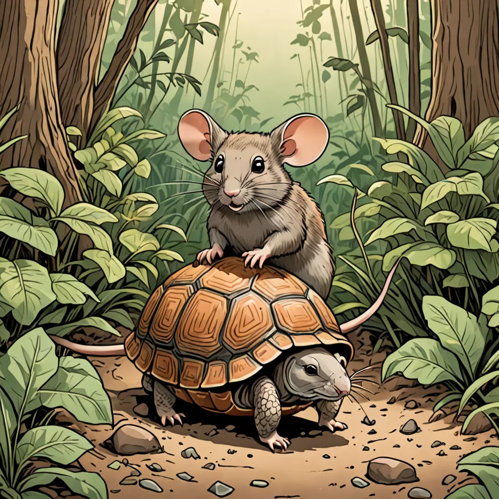 a mouse sitting on top of a turtle in a forest with trees and plants around it, with a sun shining through the trees, Art Spiegelman, sots art, a storybook illustration, storybook illustration