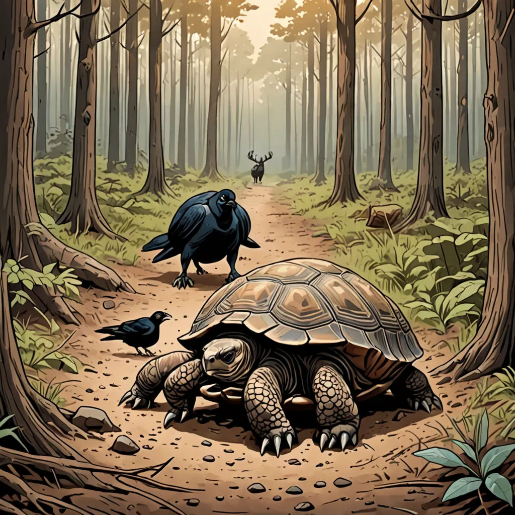 a bird is standing on the ground next to a turtle in the woods with a crow on its back, Dan Mumford, fantasy art, a storybook illustration, josan gonzales and dan mumford