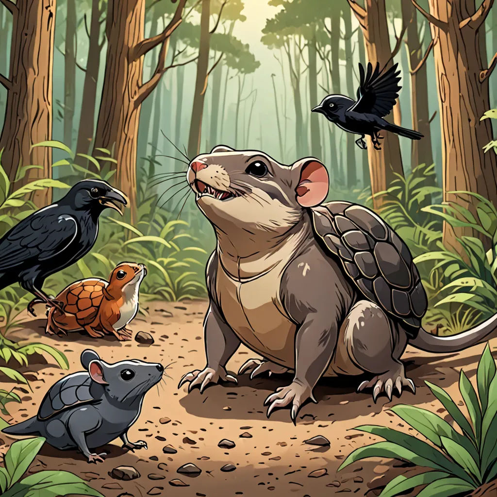 a group of animals that are in the dirt near trees and plants and birds flying around them, and a bird on the ground, Chris LaBrooy, sots art, a storybook illustration, storybook illustration