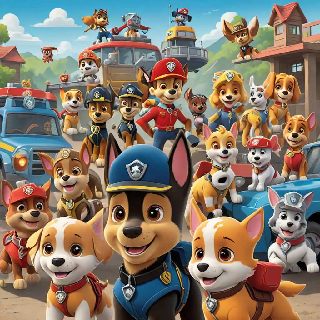 a cartoon picture of a group of dogs in front of a fire truck and a fireman in a fire station, furry art, poster art, Avgust Černigoj, promotional image