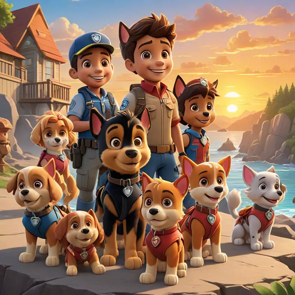 a cartoon character with a bunch of dogs on a cliff near a lake and a house with a sunset in the background, sots art, poster art, disney, promotional image