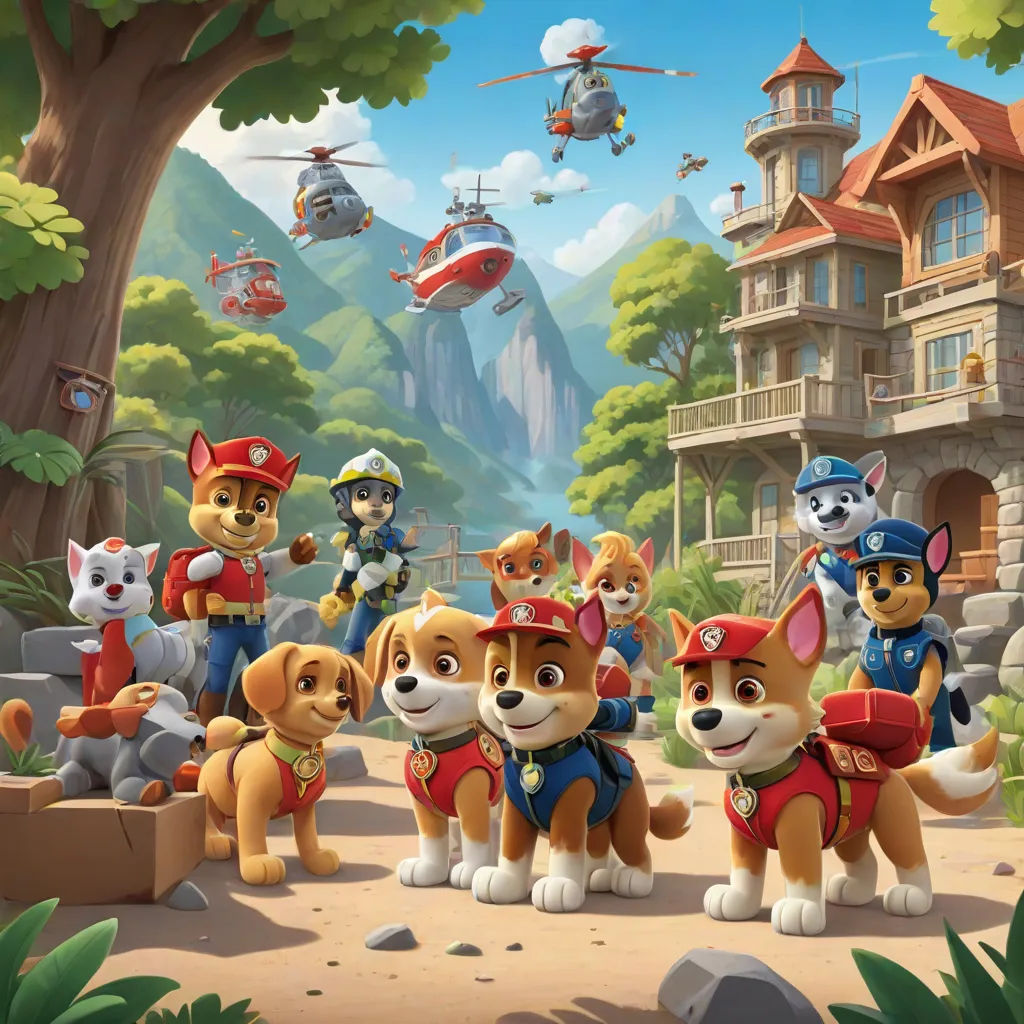a group of dogs standing in front of a forest with a helicopter flying over them and a helicopter in the background, sots art, concept art, Chris LaBrooy, promotional image