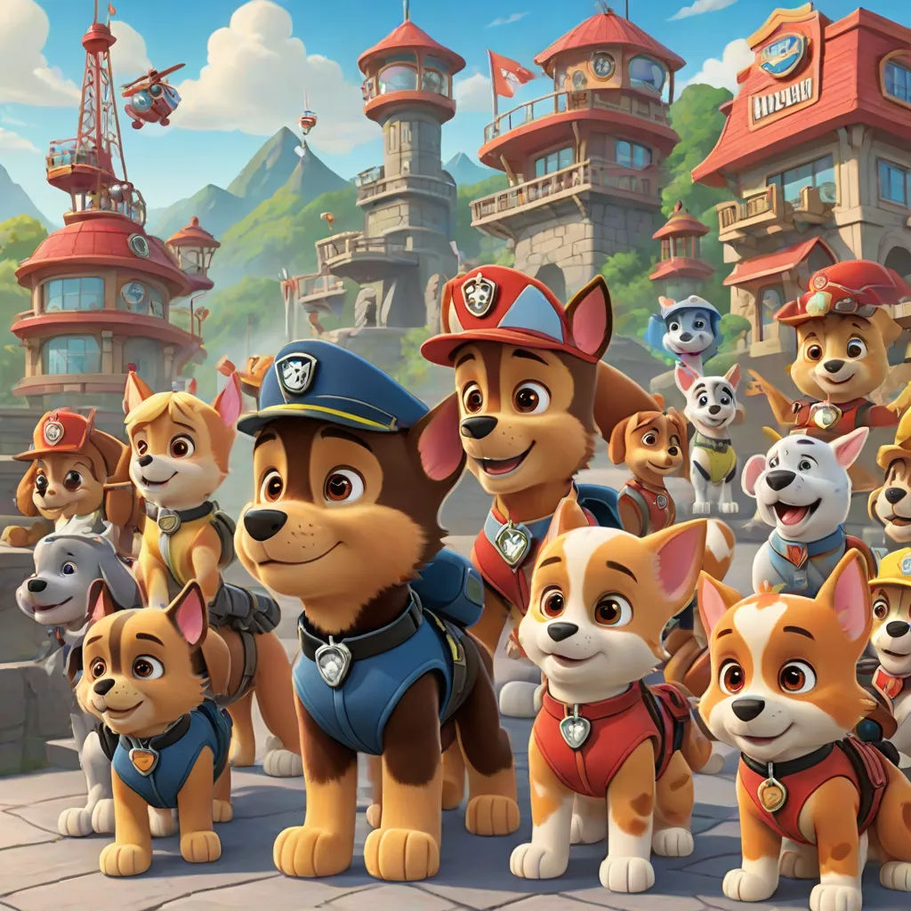 a group of dogs standing in front of a city with a fire truck in the background and a fireman in the foreground, furry art, concept art, disney, promotional image