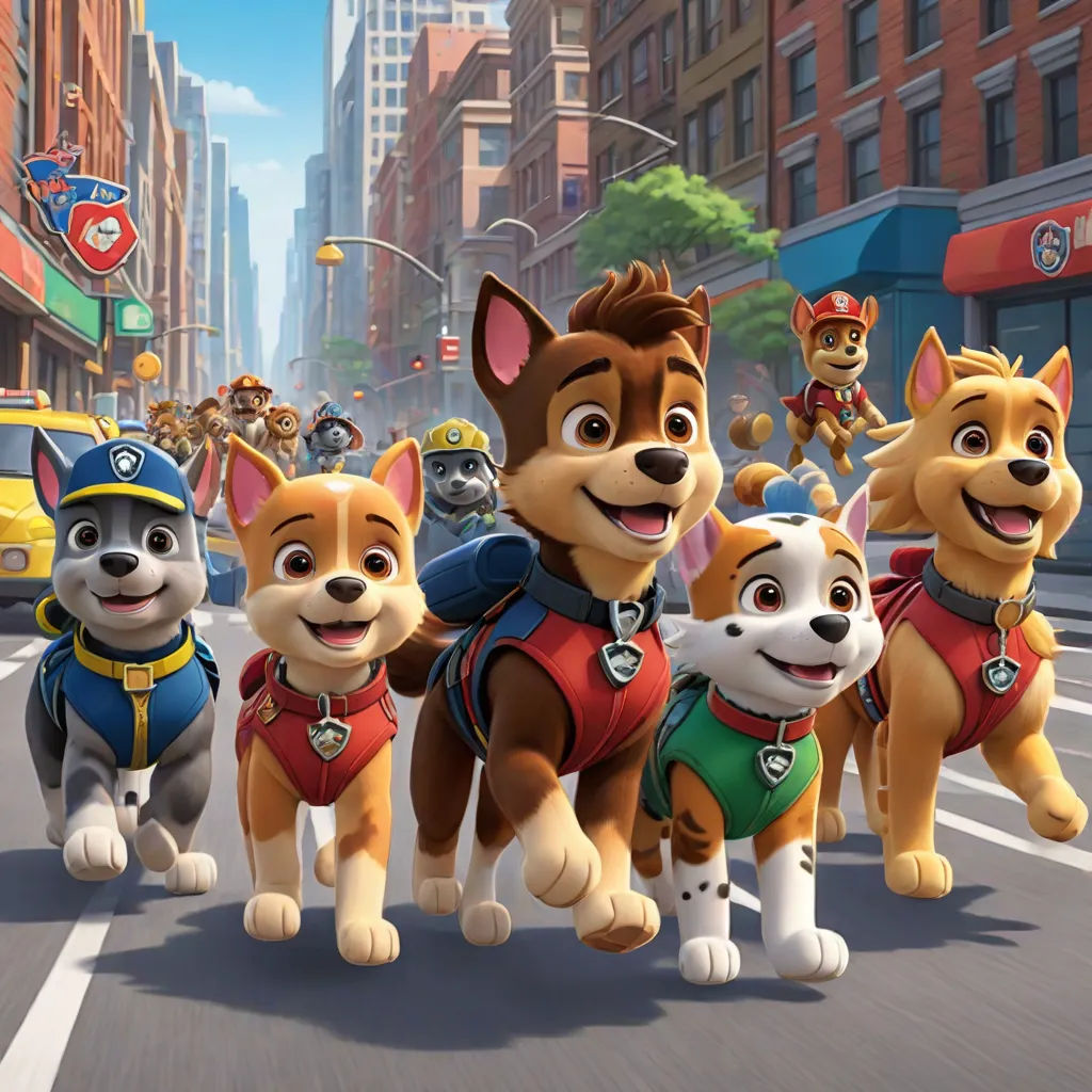 a group of dogs are riding down the street in the movie paw patrol, which is based on the movie paw patrol, furry art, a poster, disney, promotional image