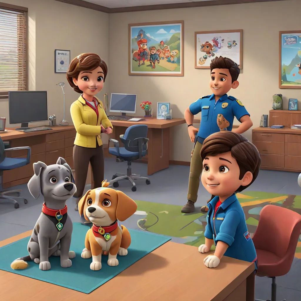 a cartoon picture of a boy and a girl with a dog and a man in a blue uniform and a woman in a yellow shirt, sots art, concept art, Chris LaBrooy, promotional image